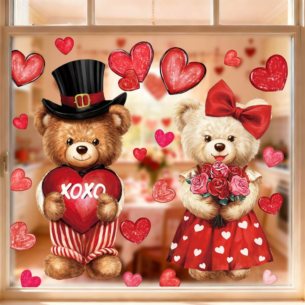 Celltestria Extra Large Valentines Window Clings Love Heart Valentines Bear Window Decals Stickers for Holiday Home Office School Party Gifts Decor Glass Decoration