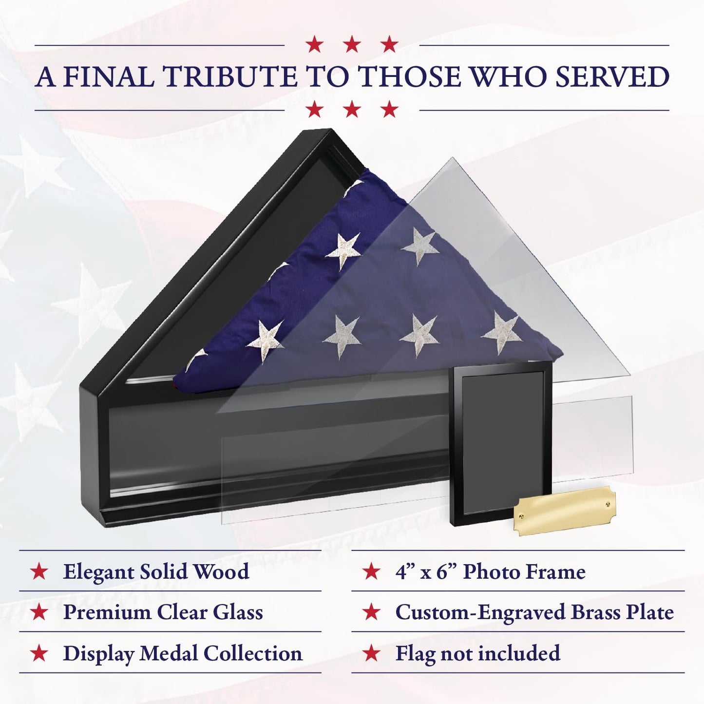 Bey-Berk Personalized American Burial Flag Display Case (Black), Solid Wood Military Shadow Box with Medal Display, 4" x 6" Photo Frame and Glass Front, Fits 5' x 9.5' Veteran Flag