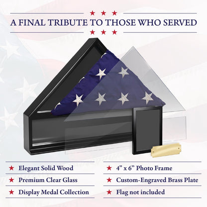 Bey-Berk Personalized American Burial Flag Display Case (Black), Solid Wood Military Shadow Box with Medal Display, 4" x 6" Photo Frame and Glass Front, Fits 5' x 9.5' Veteran Flag