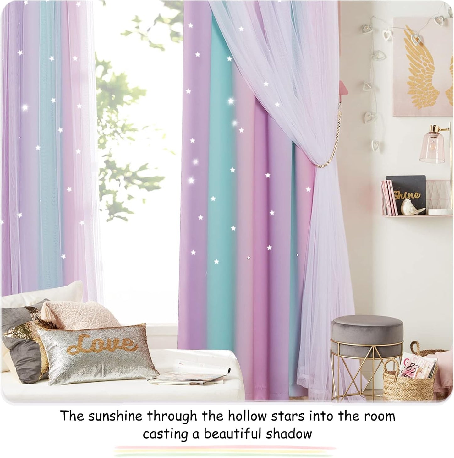 NICETOWN Baby Room Decor, White Gauze & Blackout Drapes Assembled, Star Cut Romantic and Colorful Curtains with Versatile Styling Options for Birthday Party (Blue & Purple & Pink, Each is W52 x L84)