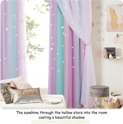 NICETOWN Baby Room Decor, White Gauze & Blackout Drapes Assembled, Star Cut Romantic and Colorful Curtains with Versatile Styling Options for Birthday Party (Blue & Purple & Pink, Each is W52 x L84)