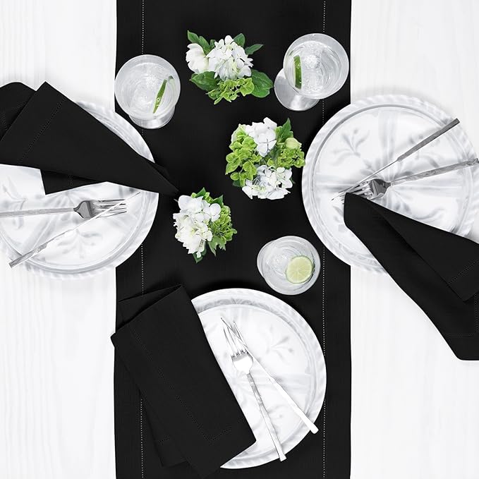 Solino Home Linen Black Table Runner 60 Inches - Classic Hemstitch, 100% Pure...