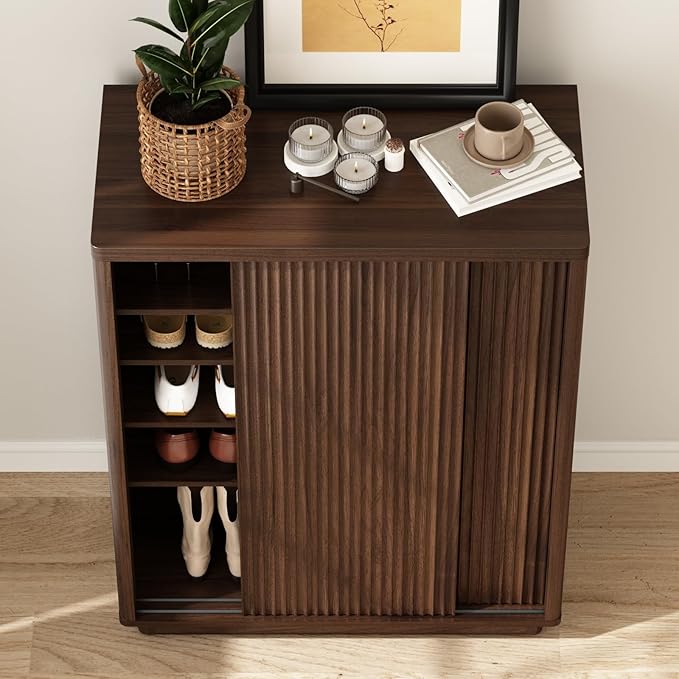 Fluted Shoe Cabinet with Sliding Door Set of 2, 6-Tier Large Hidden Storage - Image 8
