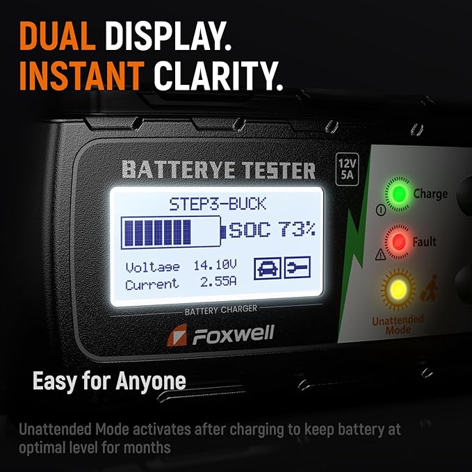FOXWELL BC521 5A 12V Battery Charger & Tester, 4-in-1 Battery Maintainer - Image 6