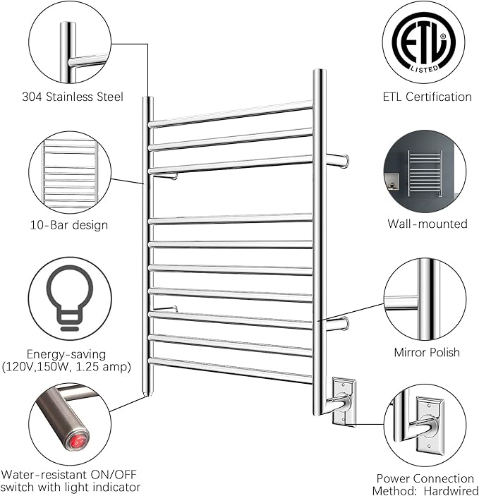 HEATGENE Towel Warmer Wall-Mounted Hardwired Heated Towel Rack Hot Towel Bar - Image 3