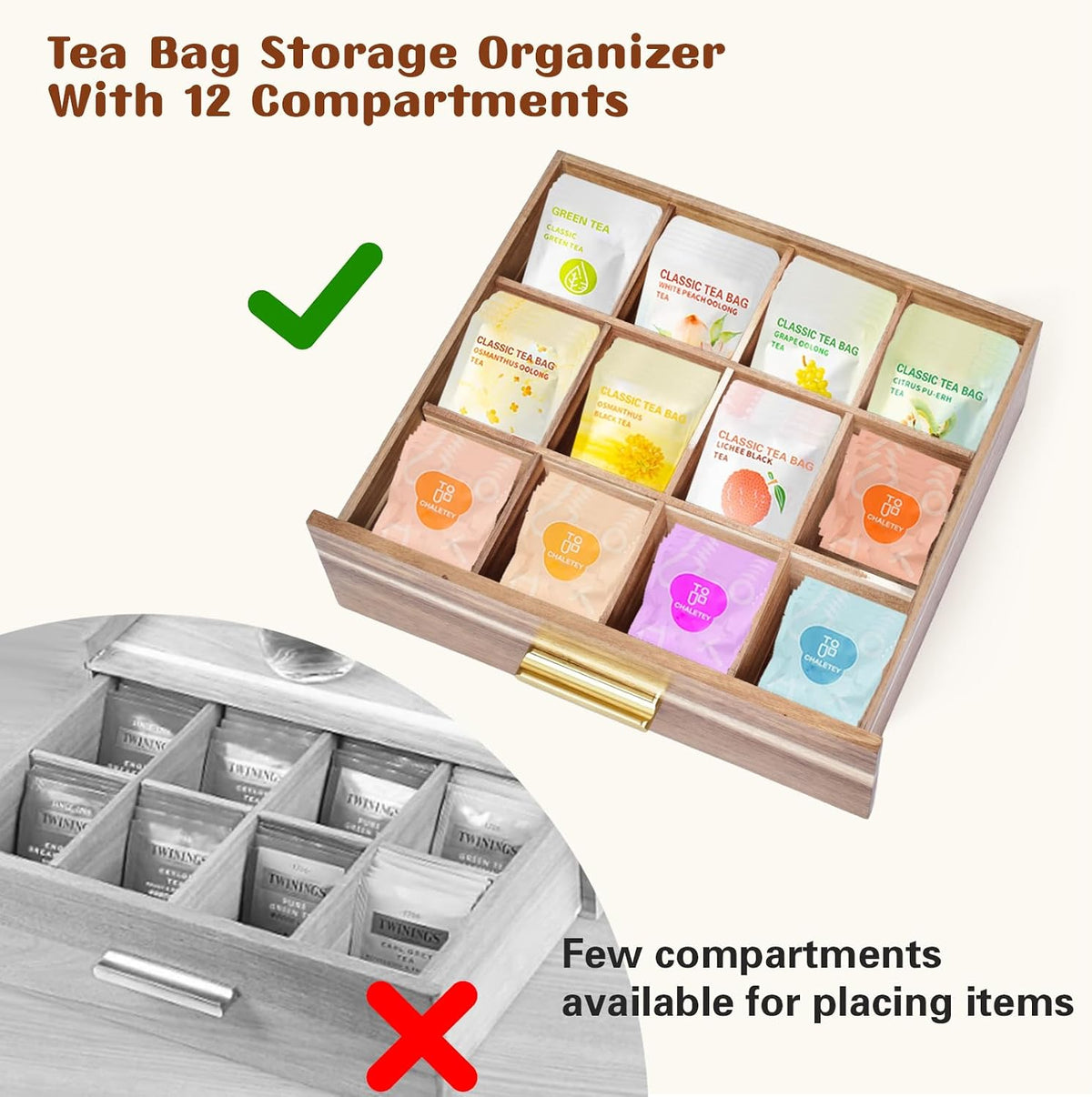 NANXITU Acacia Wood Tea Holder Organizer, Tea Box Organizer Storage Box