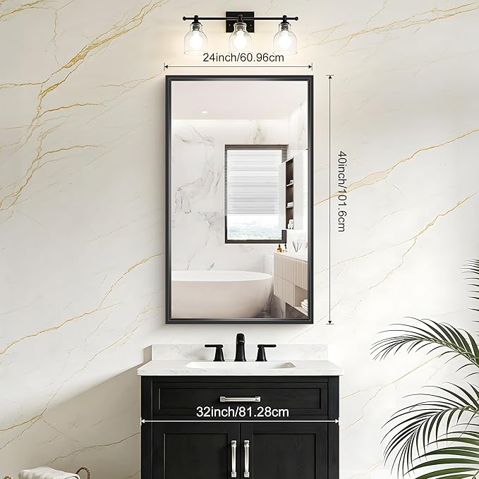 Bathroom Mirror, 40x24 Inch Brushed Black Rectangle Mirror, 0.6" Thickened Deep - Image 2