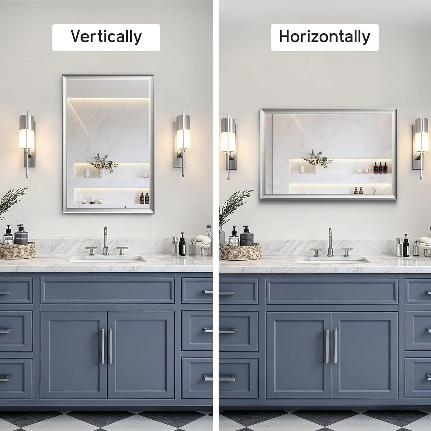 2 Pack Brushed Nickel Bathroom Mirrors 24x36 Inch | Silver Rectangle Vanity Mirror for Bedroom, Entryway, Living Room Decor, Aluminum Framed, Curved Wide Edge, Anti-Rust