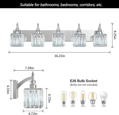 BBLLWJ Crystal Vanity Lights Chrome 5 Light Bathroom Light Fixtures Over Mirror - Image 4