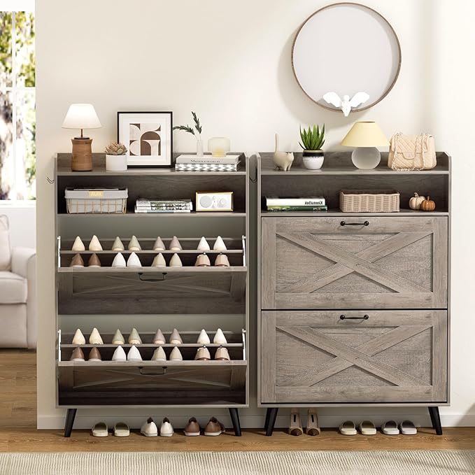 EOYUTLLY Shoe Cabinet with Bench, Shoe Organizer Cabinet with 2 Flip Drawers & - Image 6