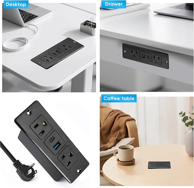 2 Pack 20W Recessed Power Strips USB, 2 AC + 1 USB-C + 1 USB-A, 6ft Cord - Image 7