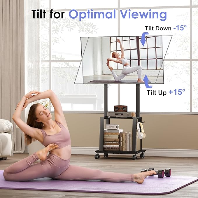 Rolling TV Stand on Wheels for 23-60Inch Flat/Curved Screen TVs, Tilt Mobile TV - Image 2