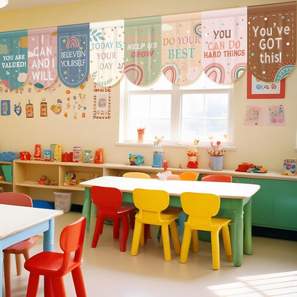 Hahafelt 8 Pcs School Classroom Curtains 36" x 24" Everyone is Welcome Boho Rainbow Colorful Curtains Back to School Classroom Decor for Positive Affirmation Kindergarten Daycare Playroom Room Decor