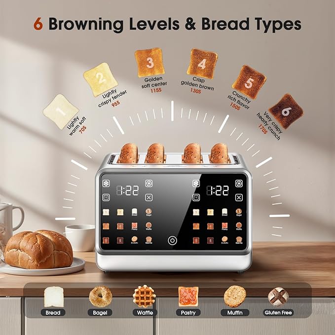4 Slice Toaster Wide Slot– Dual Digital TouchScreen & Independent Control Panel - Image 6
