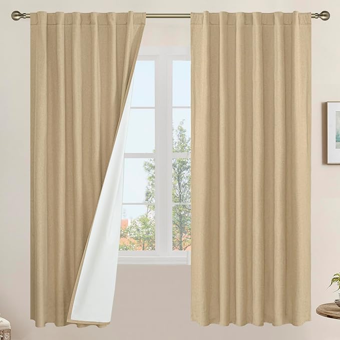 LAMIT Natural 100% Blackout Linen Curtains, 72 Inches Linen Textured Living by LAMIT