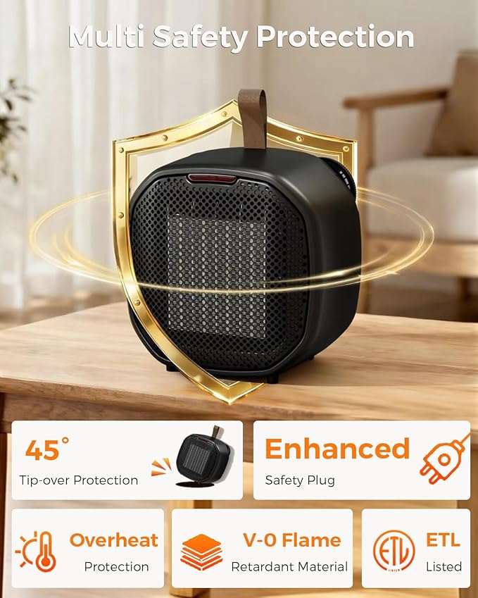 Portable Small Ceramic Space Heater w/Thermostat, 1200W Indoor Electric Space - Image 5