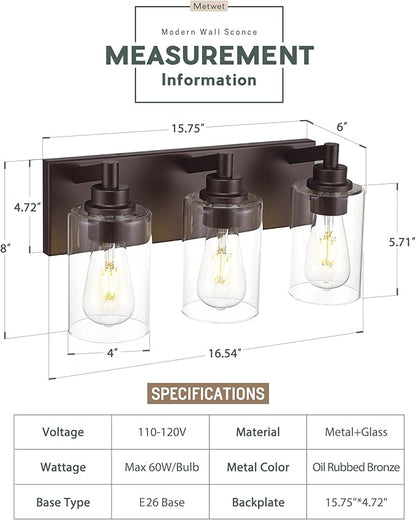 METWET 3-Light Bathroom Light Fixtures, Modern Vanity Light - Image 2
