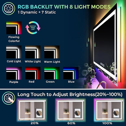YEELAIT 50x32 Inch RGB LED Bathroom Mirror Front Light and RGB Backlit Lighted - Image 3