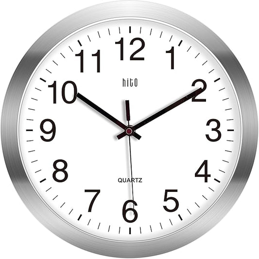 HITO 12 Inch Silent Wall Clock Battery Operated Non Ticking Glass Cover Silver by hito
