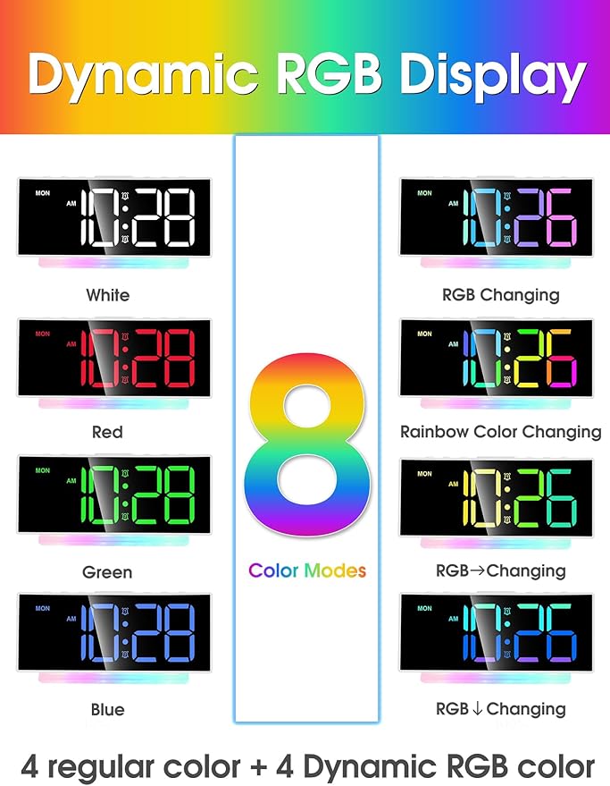 Cadmos Modern Curved Cute Digital Alarm Clock, Colorful Led Display, Adjustable - Image 4