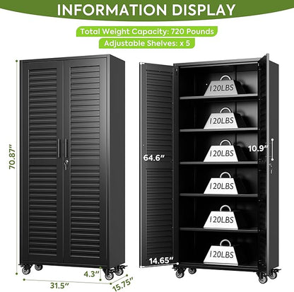 Garage Storage Cabinet with Wheels, Lockable Metal Storage Cabinet with 5 - Image 3