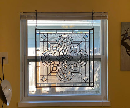 Stunning All Clear Stained Glass and Beveled Window Panel, 24"x 24"