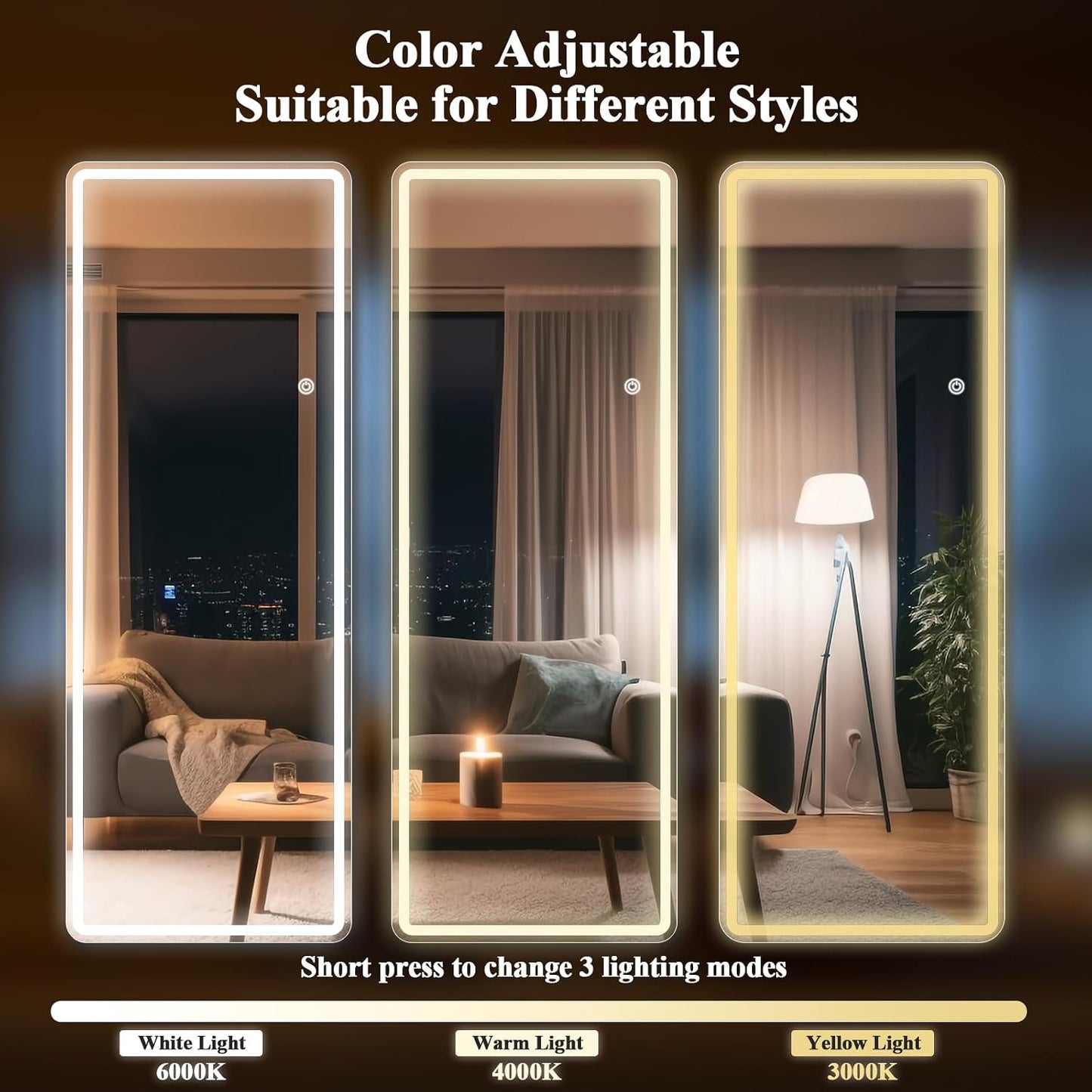 71"x26" Dimmable 3-Color Large LED Full Length Floor Body Mirror | Stepless Brightness Adjustment, Memory Function, Rounded Corner, Standing Wall Mounted for Bedroom, Living Dressing Room