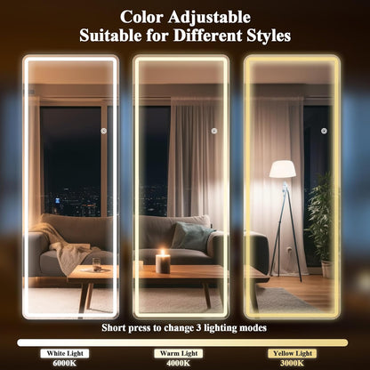 71"x26" Dimmable 3-Color Large LED Full Length Floor Body Mirror | Stepless Brightness Adjustment, Memory Function, Rounded Corner, Standing Wall Mounted for Bedroom, Living Dressing Room