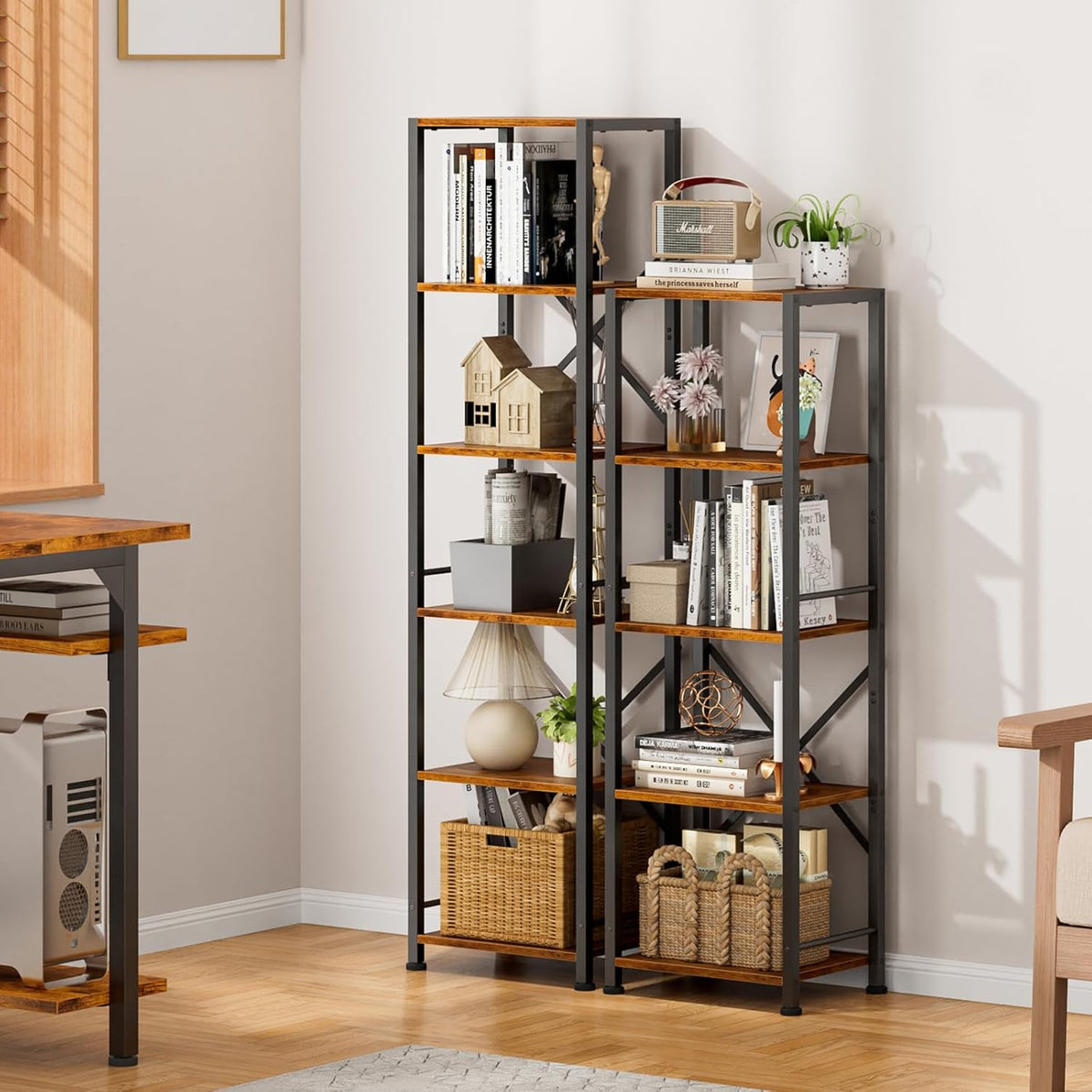 Furologee 6 Tier Bookshelf, Tall Narrow Bookcase, Rustic Brown