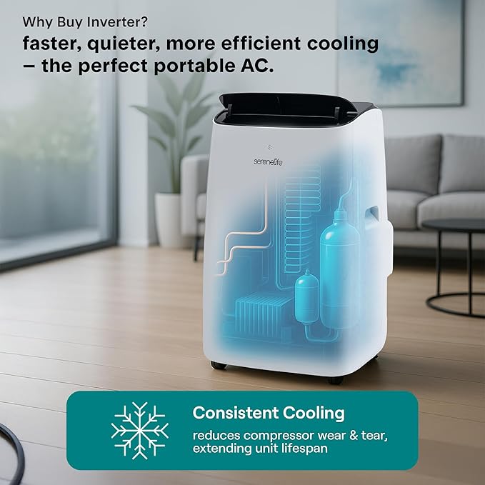 SereneLife 14000 BTU Ultra Quiet Portable Inverter Air Conditioner, Smart - Image 3