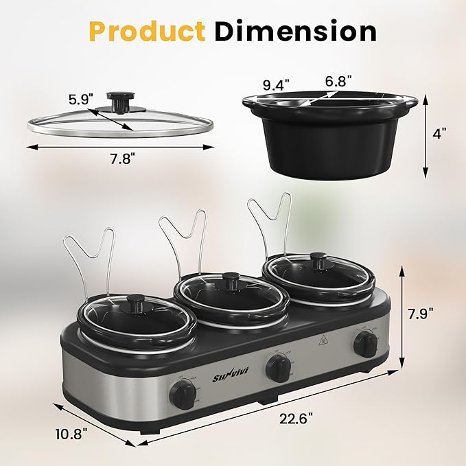 Sunvivi Triple Slow Cooker, Buffet Server and Food Warmer, Small Mini Pot - Image 7