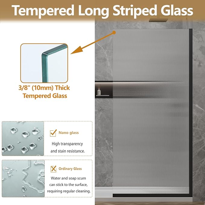 36"x76" Fixed Glass Shower Door, 3/8" Thick Fluted Privacy Tempered Glass - Image 5