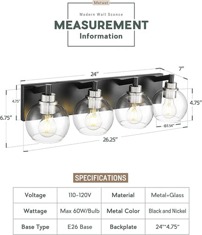 METWET Bathroom Light Fixtures, 4-Light Black and Brushed Nickel Bathroom - Image 4