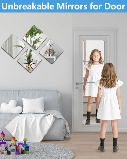 Unbreakable Mirror Tiles Self Adhesive,Toddler Mirror for Classroom Decor,Peel and Stick On Small Mirrors for Wall Decor,Shatterproof Plastic Mirrors Stickers for Kids Decorative 4PCS 8.02''x8.02''