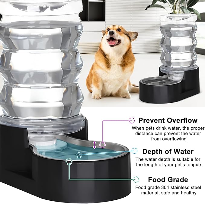 RIZZARI Dog Food Water Dispenser: 7L Large Black Stainless Steel Gravity Water - Image 6