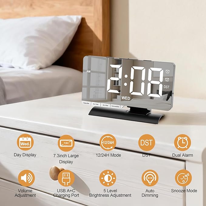SZELAM Digital Clock, Alarm Clock Bedside, 7.3'' Large LED Mirror - Image 3