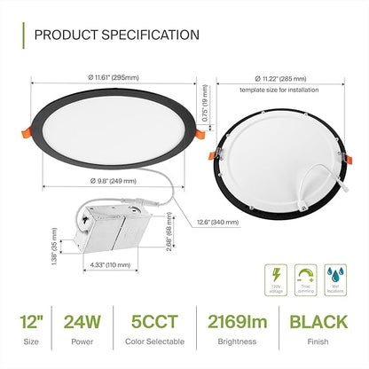 ASD 1 Pack 11/12 Inch LED Recessed Lighting 24W, 5 CCT 2700K-5000K CRI90+ - Image 2