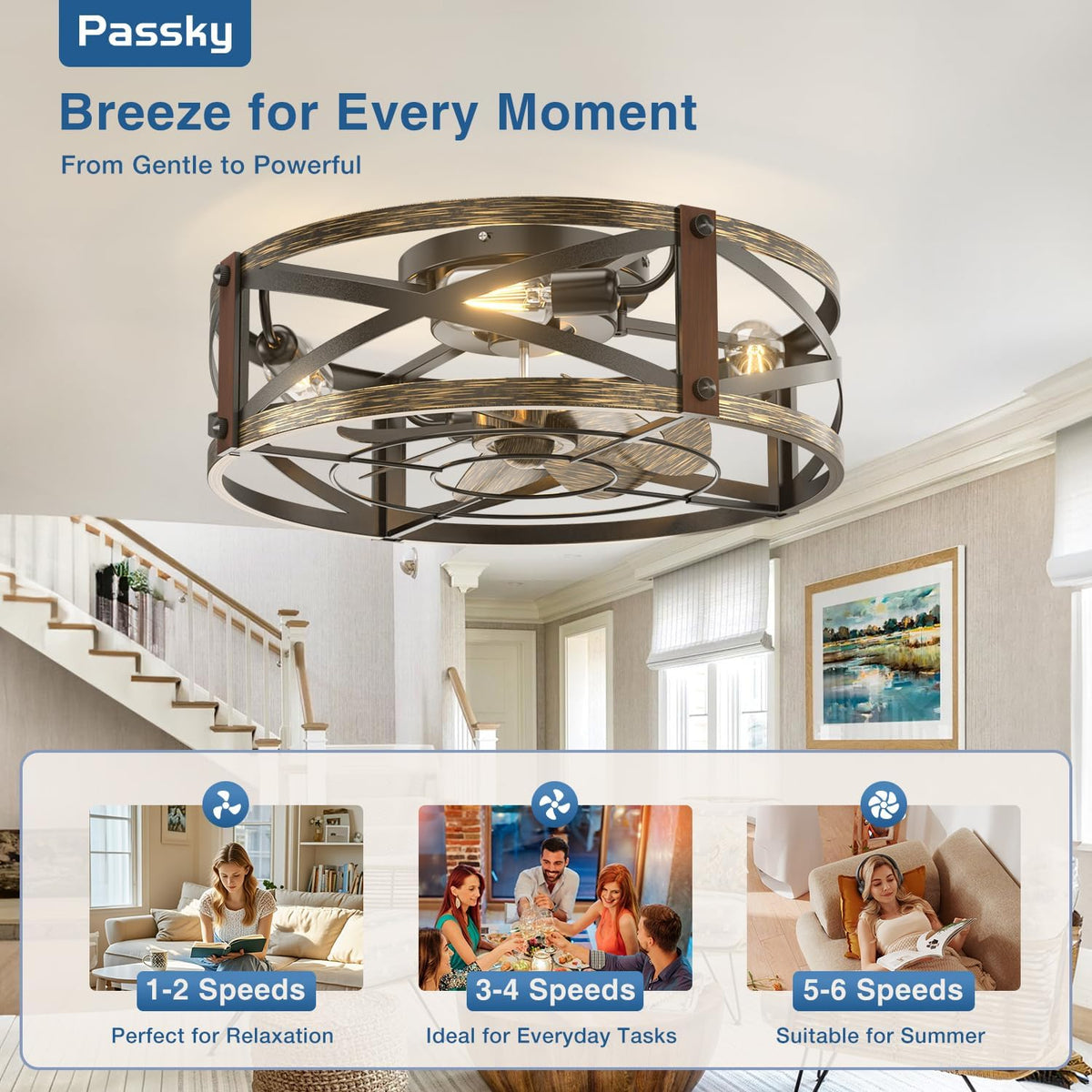 Passky 20" Caged Ceiling Fans with Lights and Remote, Low Profile Fandelier