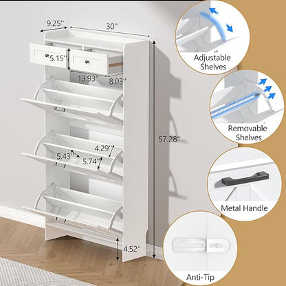 Shoe Cabinet with 3 Flip Drawers & 2 Storage Drawers, Rustic Farmhouse Narrow - Image 6