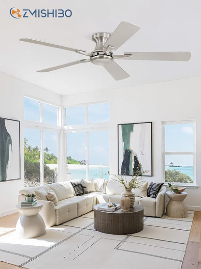 ZMISHIBO 52 Inch Ceiling Fan No Light, Flush Mount Low Profile, Modern Nickel - Image 7
