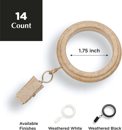 MODE Farmhouse 1-3/4" Oak Beveled Curtain Rings with Clips, 14-Count | Strong ABS Plastic rings with removable clips, Works with Rod Pocket and Pleated Panels