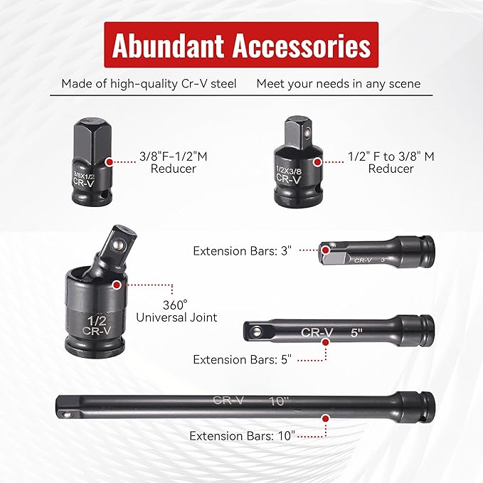 25-Piece 1/2" Drive Socket Set, Deep Sockets, Extension Bars, 1/2" F to 3/8" M - Image 4