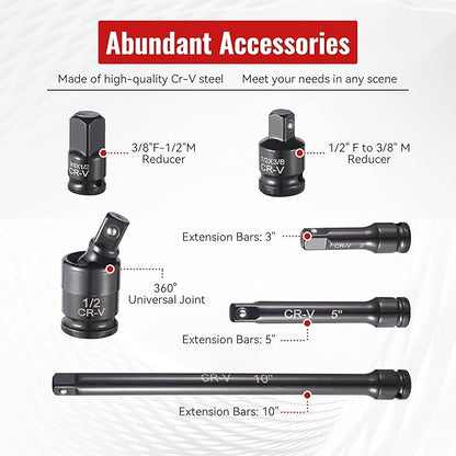 25-Piece 1/2" Drive Socket Set, Deep Sockets, Extension Bars, 1/2" F to 3/8" M - Image 4