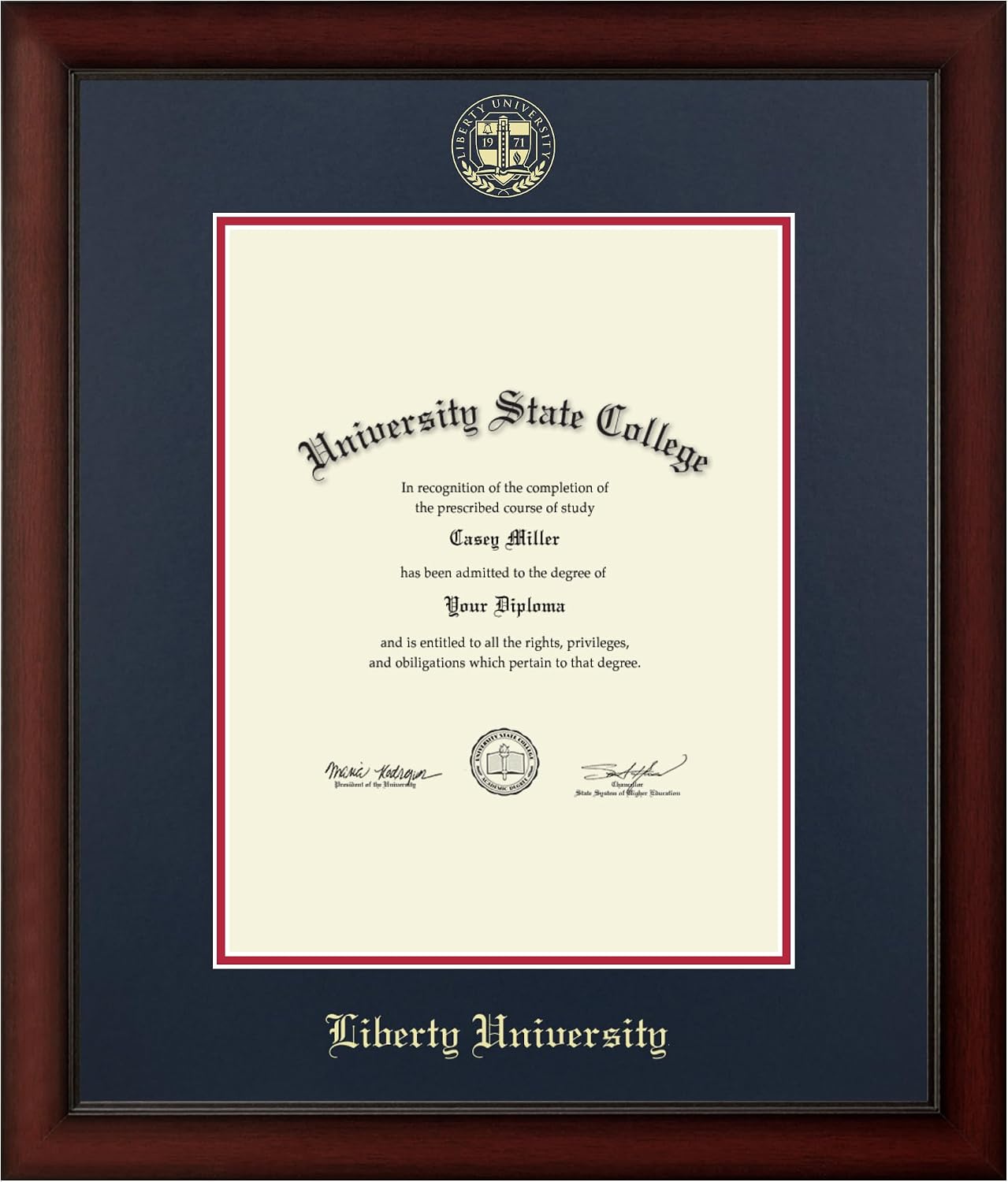 Liberty Gold Embossed Diploma Frame, 13 X 17, Cherry, Shield, 1971 | Liberty University, Fits 13 X 17 Diploma, Vertical, Navy And Red Mats, Gold Embossed Shield, Master/PhD Diploma Fit