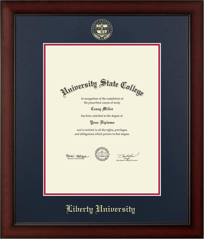 Liberty Gold Embossed Diploma Frame, 13 X 17, Cherry, Shield, 1971 | Liberty University, Fits 13 X 17 Diploma, Vertical, Navy And Red Mats, Gold Embossed Shield, Master/PhD Diploma Fit