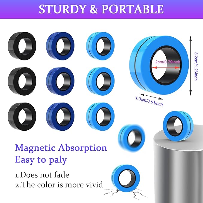 Cevioce 9 PCS Magnetic Ring Fidget Toys Set, ADHD Anxiety Magnetic Finger - Image 3