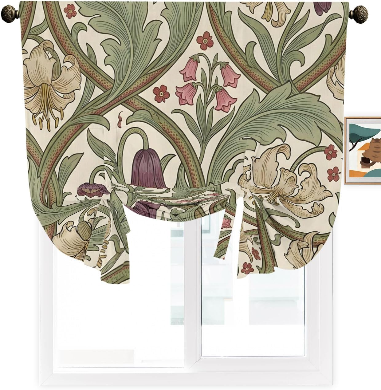Tie Up Curtains for Windows, Botanical Flowers Adjustable Balloon Nature Linen Textured Kitchen Curtain, Vintage Chic Floral Leaf Plant Green Brown Room Darkening Curtains for Glass Door, 42 x 45 In