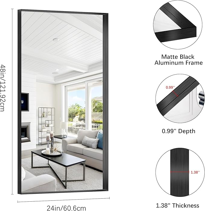 Black Bathroom Mirror, 24x48 Inch Rectangular Framed Mirror, Large Wall Mounted - Image 3