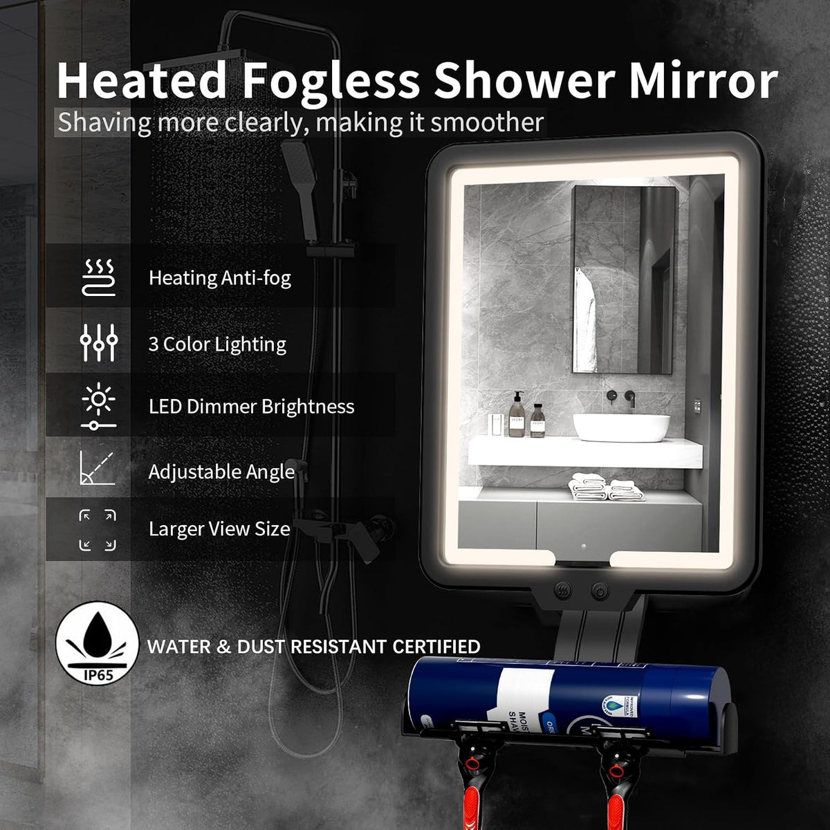 Shower Mirror Fogless for Shaving,Quick Anti Fog Mirror for Shower with Light, 3-Color Led Light Bathroom Mirror with Strong Adhesive Backing, Dimmable Brightness Makeup Mirrors for Wall