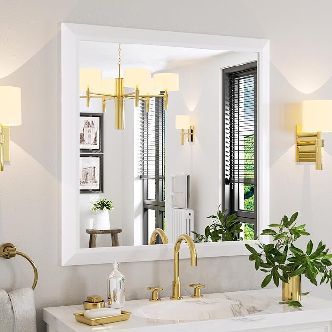 Amorho Bathroom Mirror, 36x36 Inch White Thick Metal Framed Wall Mirrors - Image 8
